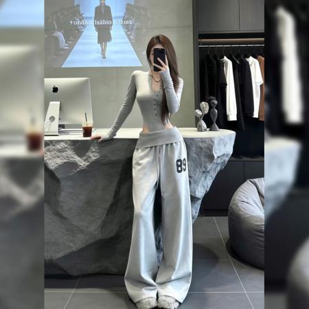 FA56638# 韩版气质修身连体上衣阔腿长裤女装春季新款辣妹休闲运动套装 服裝批發女裝批發服飾貨源