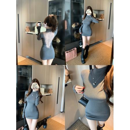 FA56639# 蕾丝拼接性感长袖连衣裙女秋冬修身裙子纯欲收腰包臀短裙  服裝批發女裝批發服飾貨源