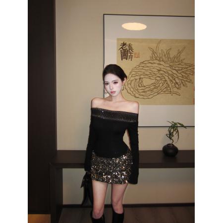 FA56640# 一字肩上衣女新款性感打底衫辣妹烫钻露肩T恤亮片半身裙  服裝批發女裝批發服飾貨源