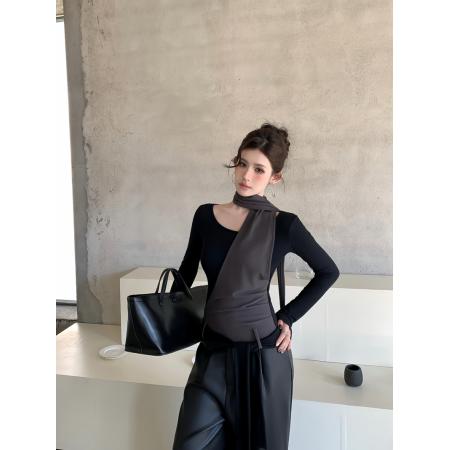 FA56642# 复古辣妹拼接假两件不规则飘带修身显瘦磨毛绑带打底衫  服裝批發女裝批發服飾貨源