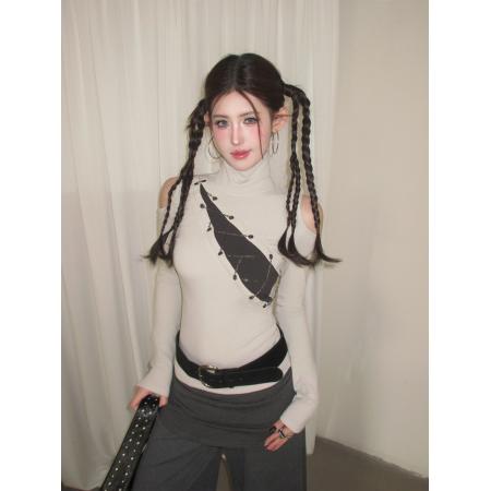 FA56643# 复古辣妹高领拼接流苏镂空露肩修身显瘦磨毛内搭打底衫  服裝批發女裝批發服飾貨源