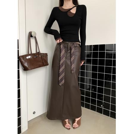 FA56644# 冬季高腰直筒半身PU皮裙中长款气质开叉百搭显瘦包臀长裙  服裝批發女裝批發服飾貨源