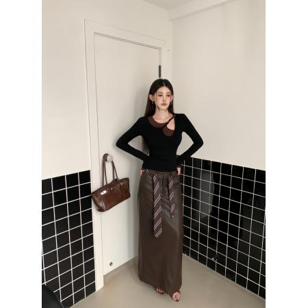 FA56644# 冬季高腰直筒半身PU皮裙中长款气质开叉百搭显瘦包臀长裙  服裝批發女裝批發服飾貨源