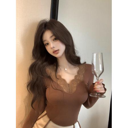 FA56645# 纯欲辣妹拼接蕾丝V领长袖T恤复古收腰显瘦内搭打底衫上衣  服裝批發女裝批發服飾貨源