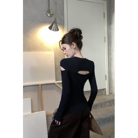 FA56646# 春季性感辣妹圆领镂空不对称修身显瘦设计感长袖T恤上衣  服裝批發女裝批發服飾貨源