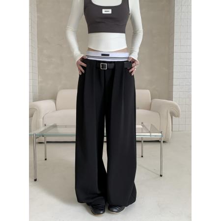 FA56647# 春季时髦百搭拼接螺纹松紧腰气球裤垂感宽松休闲裤长裤  服裝批發女裝批發服飾貨源