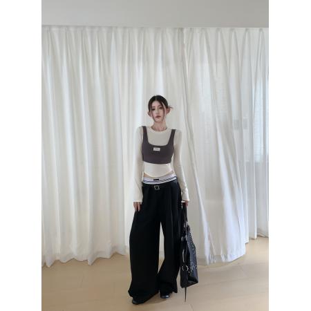 FA56647# 春季时髦百搭拼接螺纹松紧腰气球裤垂感宽松休闲裤长裤  服裝批發女裝批發服飾貨源