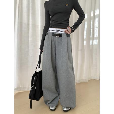 FA56647# 春季时髦百搭拼接螺纹松紧腰气球裤垂感宽松休闲裤长裤  服裝批發女裝批發服飾貨源