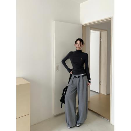 FA56647# 春季时髦百搭拼接螺纹松紧腰气球裤垂感宽松休闲裤长裤  服裝批發女裝批發服飾貨源