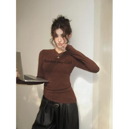 FA56648# 春季V领植绒字母印花拼接网纱长袖T恤不规则下摆显瘦上衣  服裝批發女裝批發服飾貨源