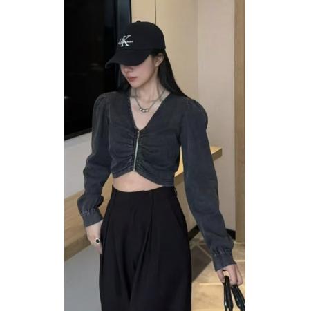 FA56650# 新款潮流修身褶皱拉链长袖罩衫款牛仔衬衣  服裝批發女裝批發服飾貨源