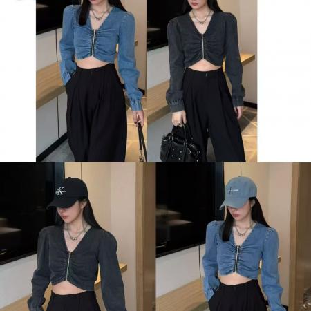 FA56650# 新款潮流修身褶皱拉链长袖罩衫款牛仔衬衣  服裝批發女裝批發服飾貨源