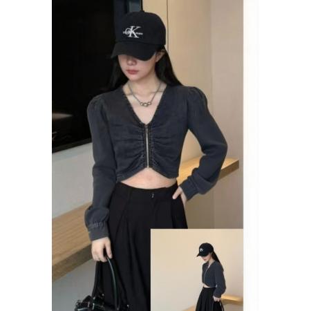 FA56650# 新款潮流修身褶皱拉链长袖罩衫款牛仔衬衣  服裝批發女裝批發服飾貨源