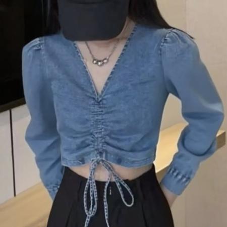 FA56651# 新款韩版欧美风性感V领抽绳侧边拉链泡泡长袖短款牛仔衬衫上衣  服裝批發女裝批發服飾貨源