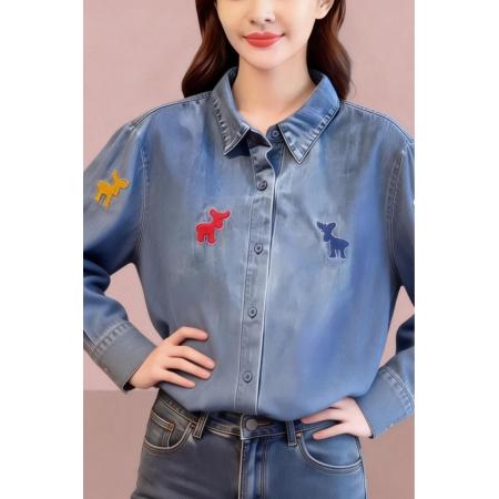 FA56653# 韩版彩色糜鹿刺绣早春简约宽松百搭叠穿牛仔上衣  服裝批發女裝批發服飾貨源