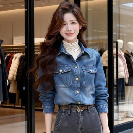 FA56654# 明星白鹿同款经典复古早春殴美风叠穿深蓝色牛仔衬衣外套  服裝批發女裝批發服飾貨源