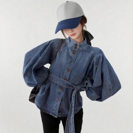 FA56655# 春季新款港味复古轻奢绑带收腰立领灯笼袖显瘦百搭牛仔上衣  服裝批發女裝批發服飾貨源