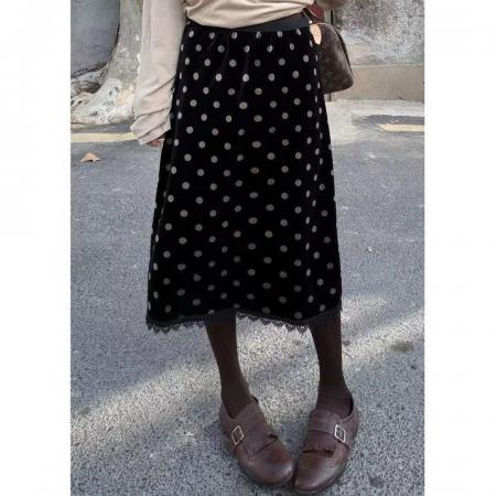 FA56658# 春季新款洋气蕾丝拼接百搭中长裙时尚复古波点显瘦丝绒半身裙  服裝批發女裝批發服飾貨源