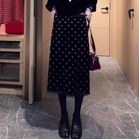 FA56658# 春季新款洋气蕾丝拼接百搭中长裙时尚复古波点显瘦丝绒半身裙  服裝批發女裝批發服飾貨源