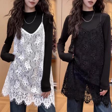 FA56659# 时尚洋气休闲百搭上衣女早春季新款气质设计感吊带蕾丝裙  服裝批發女裝批發服飾貨源