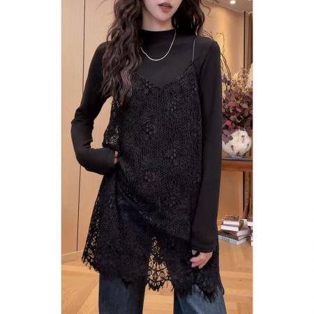 FA56659# 时尚洋气休闲百搭上衣女早春季新款气质设计感吊带蕾丝裙  服裝批發女裝批發服飾貨源