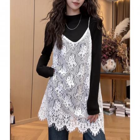FA56659# 时尚洋气休闲百搭上衣女早春季新款气质设计感吊带蕾丝裙  服裝批發女裝批發服飾貨源