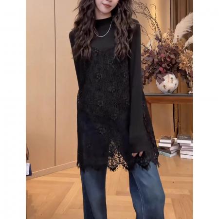 FA56659# 时尚洋气休闲百搭上衣女早春季新款气质设计感吊带蕾丝裙  服裝批發女裝批發服飾貨源