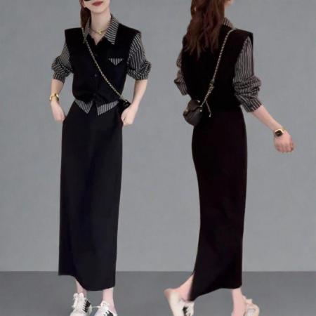 FA56660# 小个子条纹上衣开衩半身裙两件套秋季新款假两件时尚套装  服裝批發女裝批發服飾貨源