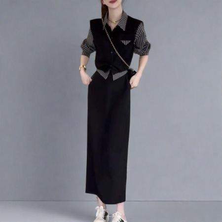 FA56660# 小个子条纹上衣开衩半身裙两件套秋季新款假两件时尚套装  服裝批發女裝批發服飾貨源