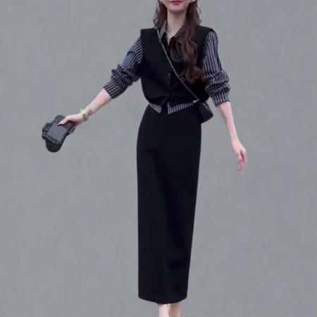 FA56660# 小个子条纹上衣开衩半身裙两件套秋季新款假两件时尚套装  服裝批發女裝批發服飾貨源