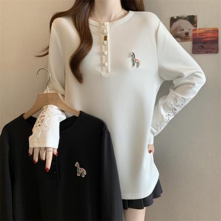 FA56663# 大码胖MM新款设计感镂空蕾丝长袖遮肉显瘦上衣  服裝批發女裝批發服飾貨源