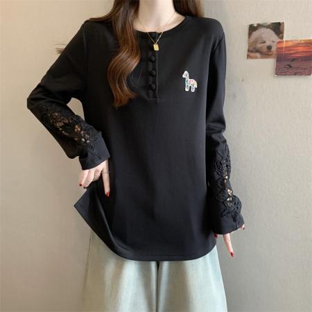 FA56663# 大码胖MM新款设计感镂空蕾丝长袖遮肉显瘦上衣  服裝批發女裝批發服飾貨源