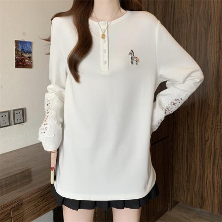 FA56663# 大码胖MM新款设计感镂空蕾丝长袖遮肉显瘦上衣  服裝批發女裝批發服飾貨源