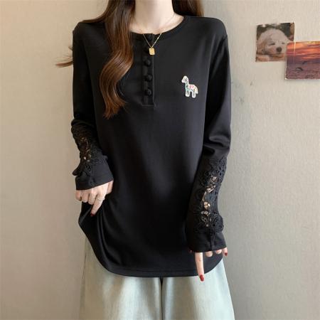 FA56663# 大码胖MM新款设计感镂空蕾丝长袖遮肉显瘦上衣  服裝批發女裝批發服飾貨源