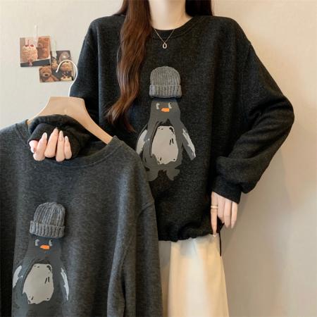 FA56664# 大码胖MM新款设计感减龄企鹅套头卫衣遮肉显瘦上衣外套  服裝批發女裝批發服飾貨源