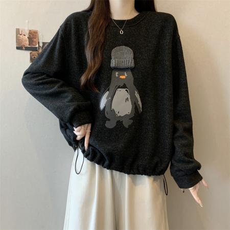 FA56664# 大码胖MM新款设计感减龄企鹅套头卫衣遮肉显瘦上衣外套  服裝批發女裝批發服飾貨源