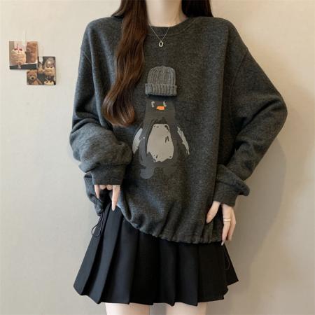 FA56664# 大码胖MM新款设计感减龄企鹅套头卫衣遮肉显瘦上衣外套  服裝批發女裝批發服飾貨源