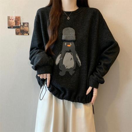 FA56664# 大码胖MM新款设计感减龄企鹅套头卫衣遮肉显瘦上衣外套  服裝批發女裝批發服飾貨源