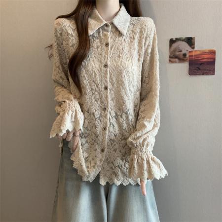 FA56665# 大码胖MM新款设计感小众加厚蕾丝衬衫遮肉显瘦宽松打底上衣  服裝批發女裝批發服飾貨源