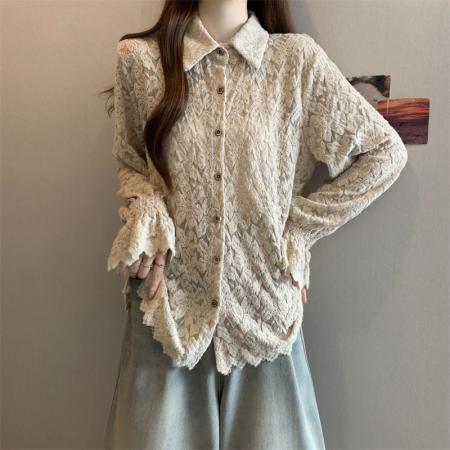 FA56665# 大码胖MM新款设计感小众加厚蕾丝衬衫遮肉显瘦宽松打底上衣  服裝批發女裝批發服飾貨源