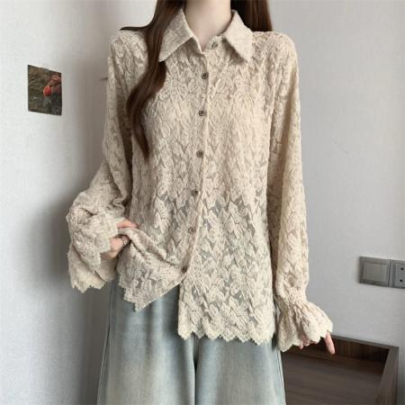 FA56665# 大码胖MM新款设计感小众加厚蕾丝衬衫遮肉显瘦宽松打底上衣  服裝批發女裝批發服飾貨源