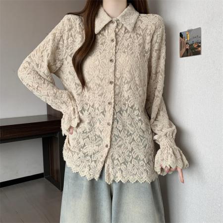 FA56665# 大码胖MM新款设计感小众加厚蕾丝衬衫遮肉显瘦宽松打底上衣  服裝批發女裝批發服飾貨源