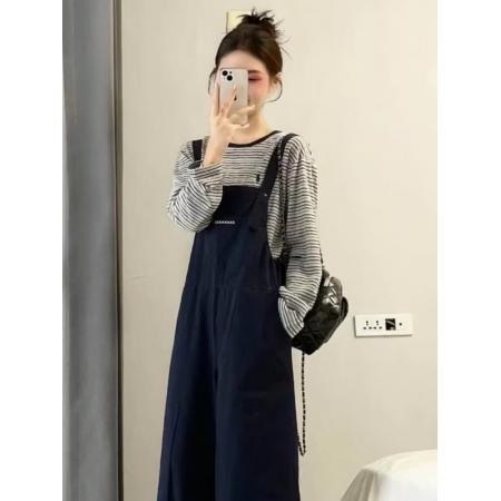 FA56668# 今年流行爆款韩版独特超好看慵懒风显瘦藏青色字母印花工装背带裤  服裝批發女裝批發服飾貨源