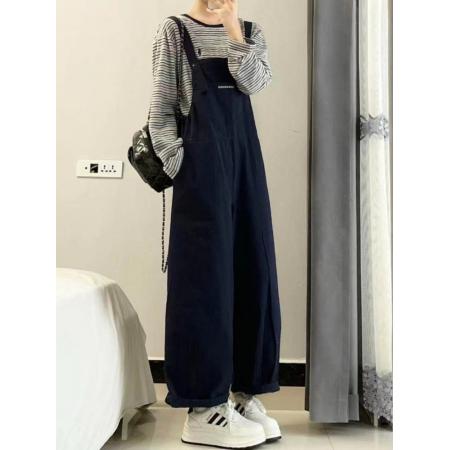 FA56668# 今年流行爆款韩版独特超好看慵懒风显瘦藏青色字母印花工装背带裤  服裝批發女裝批發服飾貨源