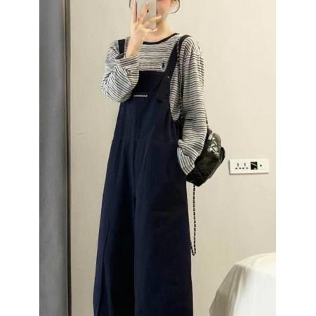 FA56668# 今年流行爆款韩版独特超好看慵懒风显瘦藏青色字母印花工装背带裤  服裝批發女裝批發服飾貨源