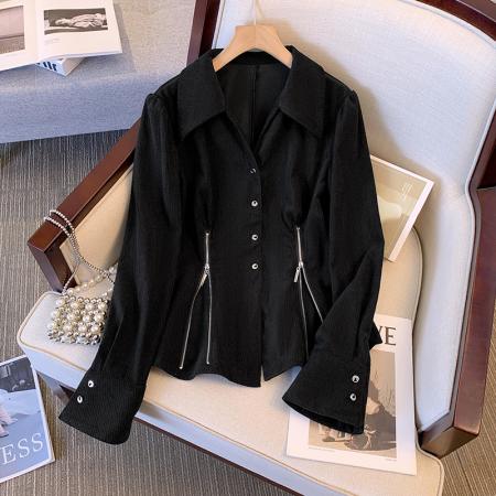 FA56669# 大码女装胖mm秋季设计感polo领衬衫收腰显瘦拉链洋气上衣  服裝批發女裝批發服飾貨源