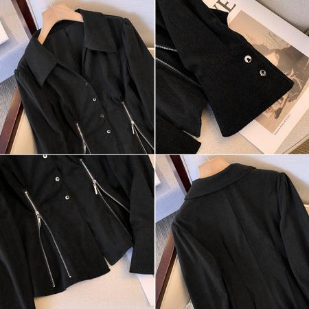 FA56669# 大码女装胖mm秋季设计感polo领衬衫收腰显瘦拉链洋气上衣  服裝批發女裝批發服飾貨源