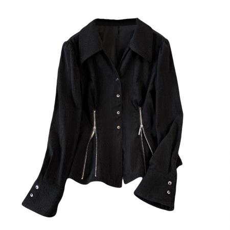 FA56669# 大码女装胖mm秋季设计感polo领衬衫收腰显瘦拉链洋气上衣  服裝批發女裝批發服飾貨源