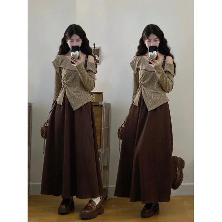 FA56670# 大码女装胖mm春季设计感不规则斜领露肩上衣时尚半身裙两件套  服裝批發女裝批發服飾貨源