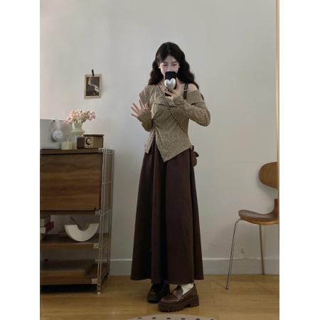 FA56670# 大码女装胖mm春季设计感不规则斜领露肩上衣时尚半身裙两件套  服裝批發女裝批發服飾貨源